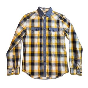 Express Men's Fitted Blue and Yellow Plaid Button Down Shirt, Size: Small